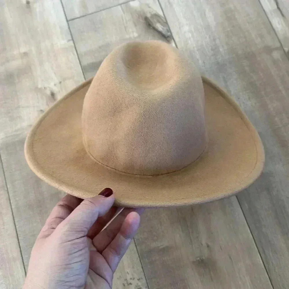 Free People Wide Brim Fedora Hat Camel Tan 100% Wool Sz OS